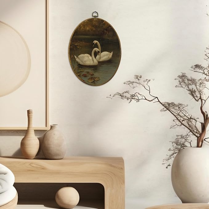 CUANFDDSF Vintage Swan Oval Wall Art Decor, Modern Farmhouse Swan Wall Hanging Decor, Moody Cottagecore Farmhouse Antique Animal Framed Canvas Prints for Home Bedroom Living Room, 8.6x11.4 Inch