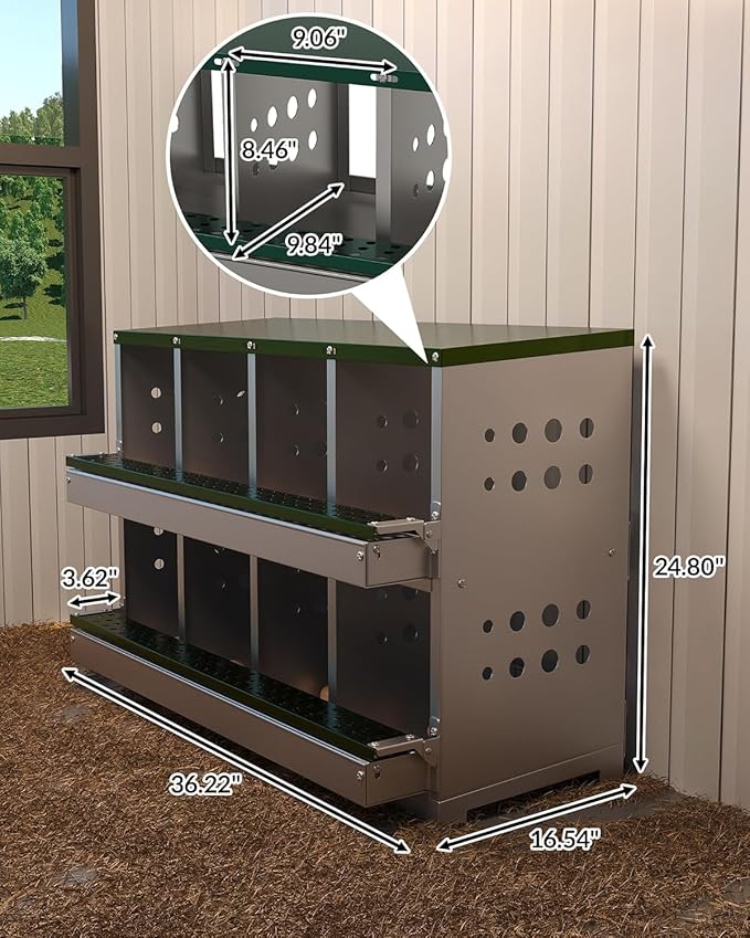 PioneerWorks Wall-Mountable Rollaway Chicken Nesting Box, 8-Compartment Metal Hen Nest Box with Roll-Out Egg Collection, Weatherproof & Ventilated Design for Chicken Coops, Green