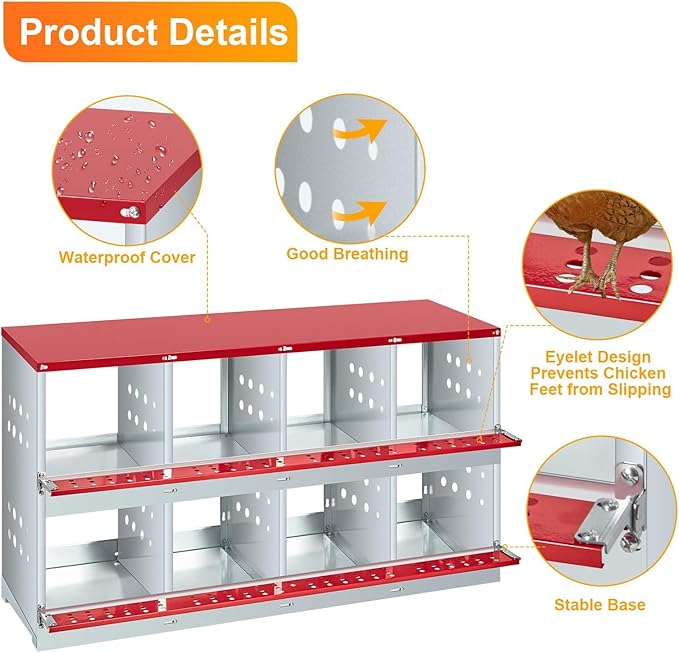 8-Compartment Chicken Nesting Box with Roll-Away Egg Collection - Metal Laying Box for Hens and Ducks, Features Pull-Out Tray & Swing Perch, Wall Mount Design for Coops