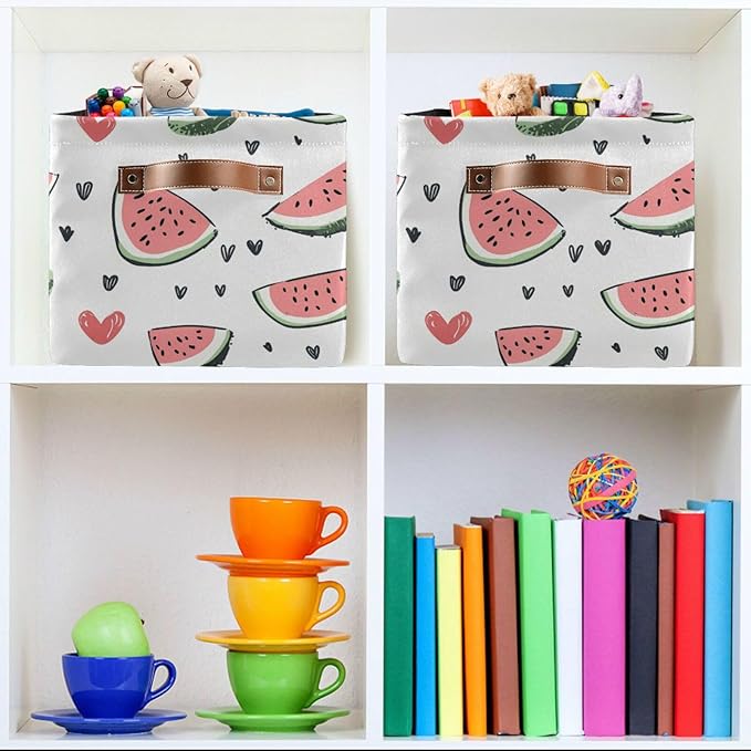 JIPONI Watercolor Watermelon Fabric Storage Bins for Shelves, Decorative Storage baskets for organizing, Closet Organizer with Handle for Cloth, Toys, Bedrooms