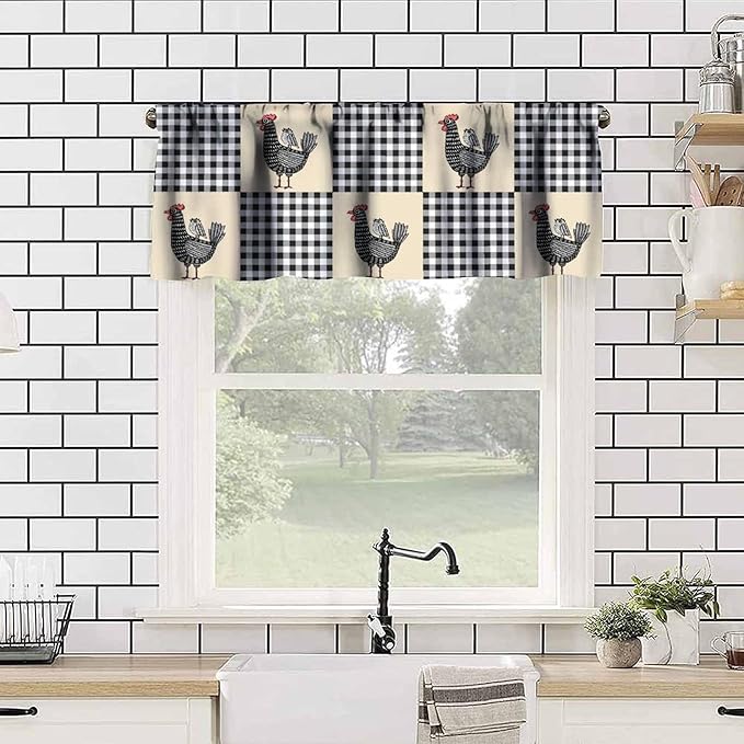 Farmhouse Rooster Kitchen Curtains Rustic Retro Abstract Chicken Black White Buffalo Plaid Rod Pocket Curtain Valance for Kitchen Bedroom Living Room Decor 1 Panel W54xL18 Inch