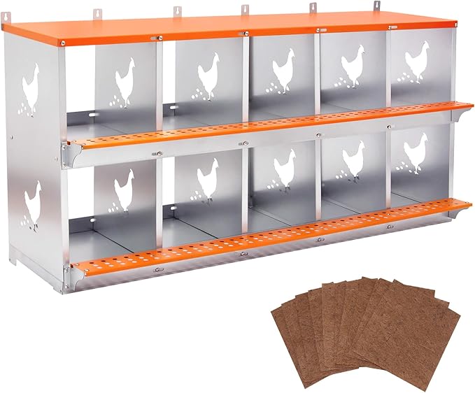 Chicken Nesting Boxes, 10 Rooms Hens Nest Box, Metal Poultry Nest Box Wall Mount for Chickens Egg Laying Box Collection Vented Holes Chicken Coop Cages Equipment, Orange (10 Rooms)