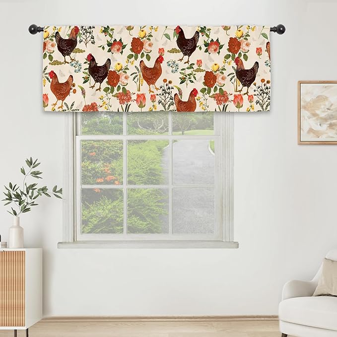Rooster Chicken Flower Kitchen Curtain Valance 54W x 18L Inch Farmhouse Rustic Vintage Peony Country Rural Rod Pocket Short Cafe Small Window Treatment Drapes Decor