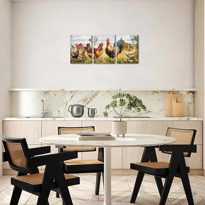 HOMEOART Farmhouse Wall Art Rooster Canvas Wall Art Farm Barn Chicken Pictures Wall Decor Prints Framed 12x16inchx3Pieces,Farmhouse Kitchen Living Room Decor