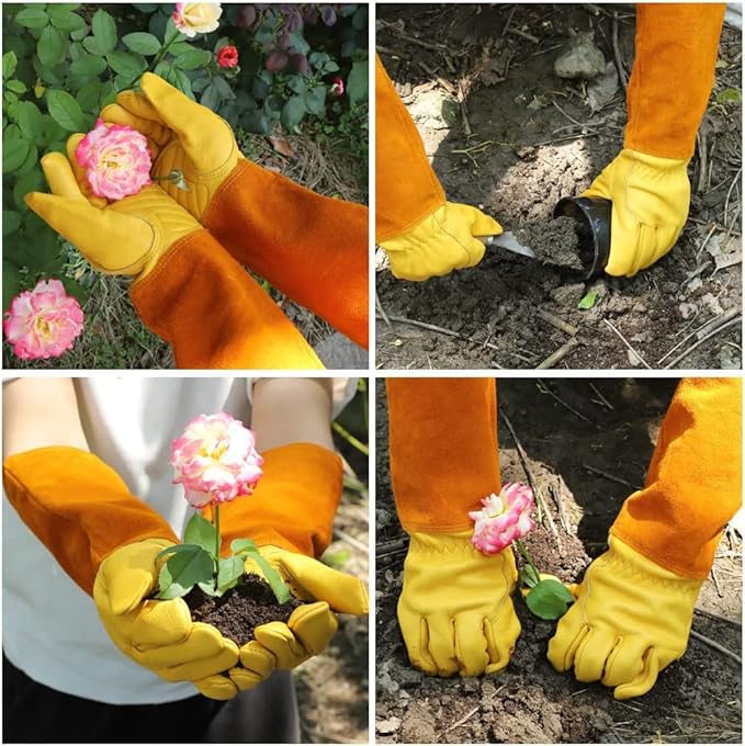 Thorn Proof Gardening Gloves for Men & Women, Long Cowhide Leather Rose Pruning Gloves with Forearm Protection, Puncture Resistant Gauntlets for Cacti, Blackberries & Yard Work(Butter Yellow,Medium)