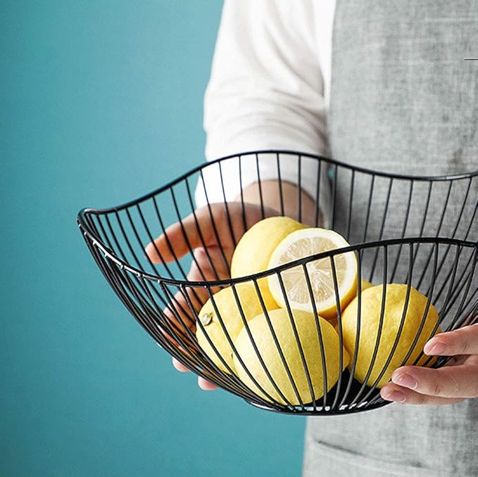 IBWell High Style Curved-Edge Modern Creative Stylish Single Tier Dish,Metal Iron Wire Fruit Vegetables Bread Decorative Stand Serving Bowls Basket Holder (Black)
