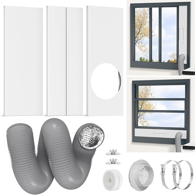 Dryer Vent Window Kit, Window Duct Kit with Hose Adjustable Dryer Vent Seal Panels Fits 4” Inline Fans, Universal Seal for Sliding Windows, Compatible with AC, Dryers, Duct Fans