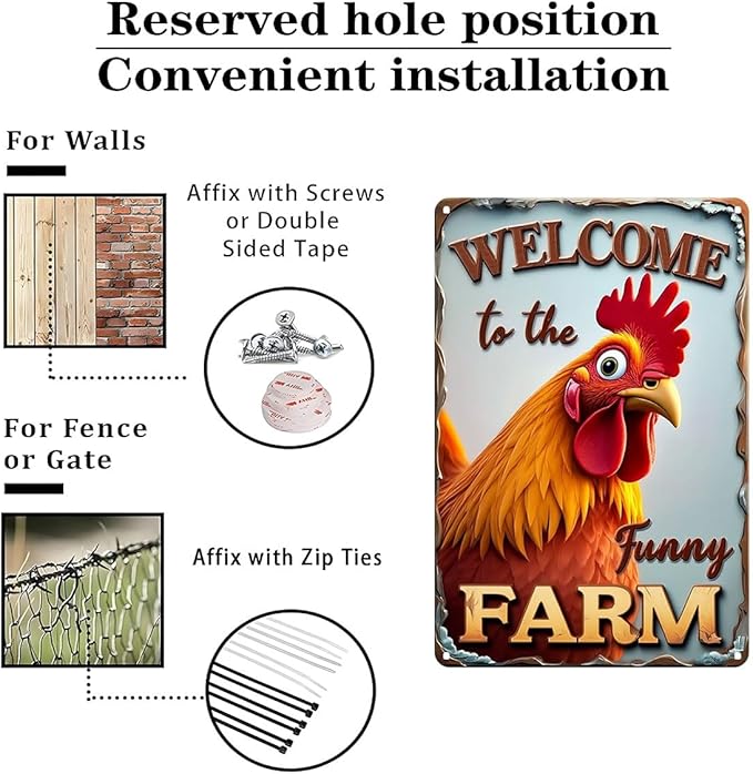 FunnySign Chicken Gifts Rooster Décor Welcome To The Funny Farm Rustic Tin Sign For Home Farm Chicken Coop Decor 8x12 Inch (9705)