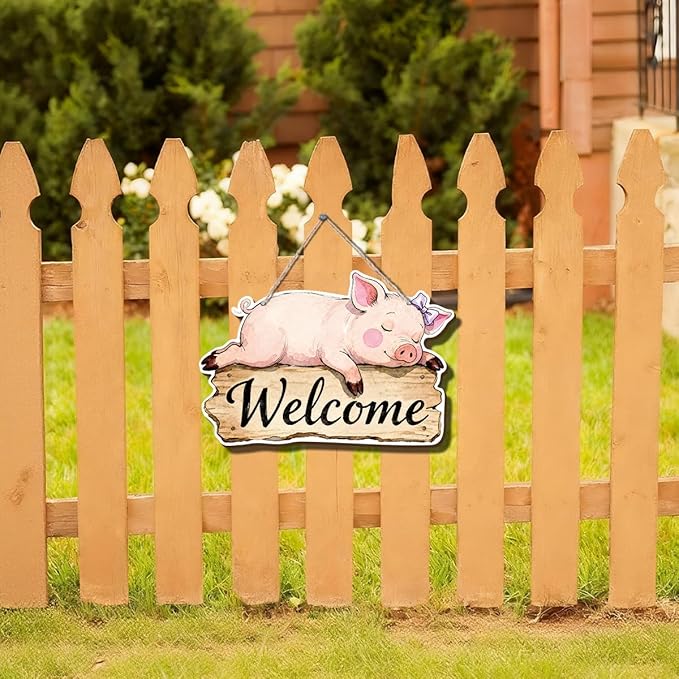 Farmhouse Wall Decor, Cute Pig Welcome Sign, Rustic Wood Hanging Plaque, Watercolor Farm Animal Wall Art Painting Style, Country Nursery or Bathroom Door Sign for Home, 11.8x8.11 Inches