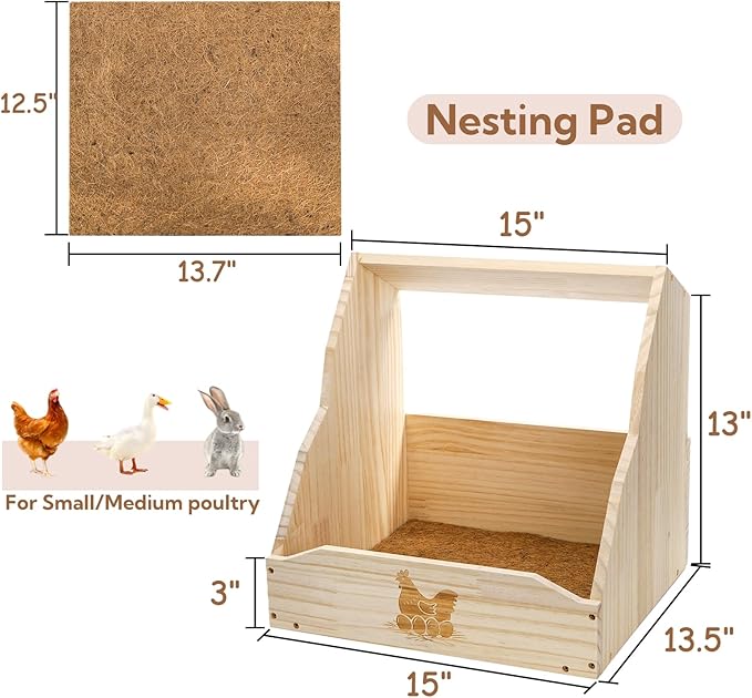 Chicken Nesting Box, 15"x13.5"x15" Wooden Chicken Coop with Pad, Wall-Mounted Nest Box for Laying Eggs, Large Single Compartment Hen Laying Boxes for Duck, Bird, Dove, Poultry, Farm