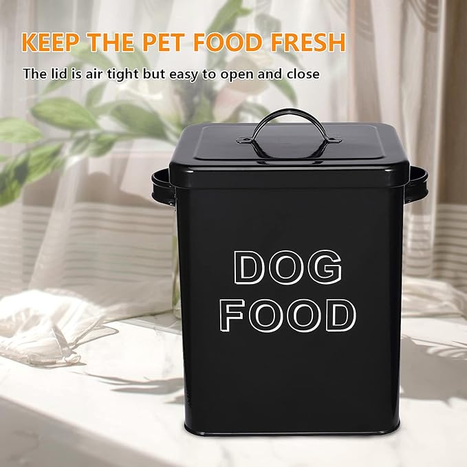 Dog Food Storage Container Farmhouse Pet Food Storage Containers with Lid and Scoop, Perfect Vintage Canister Treats Tin for Kitchen Countertop, Shelf, Great Gift for Pet Owners - Dog Food - Black