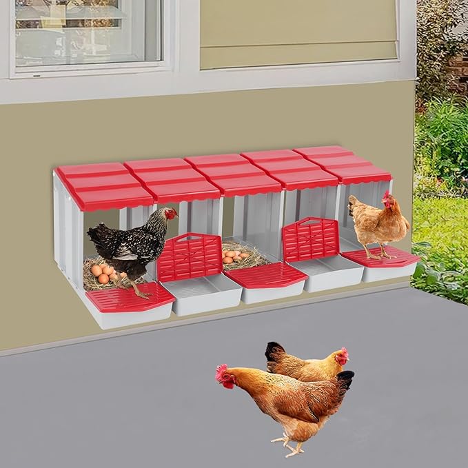 Chicken Nesting Boxes 5 Compartment PP Nesting Box with Inclined Nesting Boxes & Vented Holes Wall Mount Chicken Laying Boxes for Chicken Coop (Red)