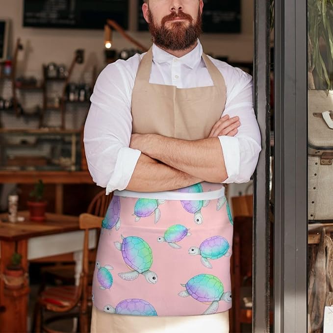 Unisex Chef Waiter Apron Waist Half Short Serving Aprons with 3 Pockets