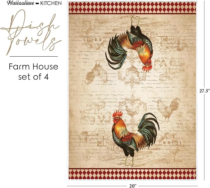 4 Pcs Kitchen Towels Decorative Set Chicken Rooster Dish Towels, Vintage Rustic Tea Cloth Decor, 27.5x20 Inch Farmhouse Absorbent Decoration Hand Towels (Rooster)