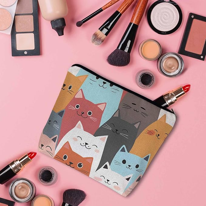 Women Cosmetic Bag Cat Cute, Colorful Cats Funny Kitten Cute Makeup Bag For Purse Cosmetic Travel Bag For Toiletries Makeup Storage Bag Flax Skincare Bag Make Up Pouch Bags