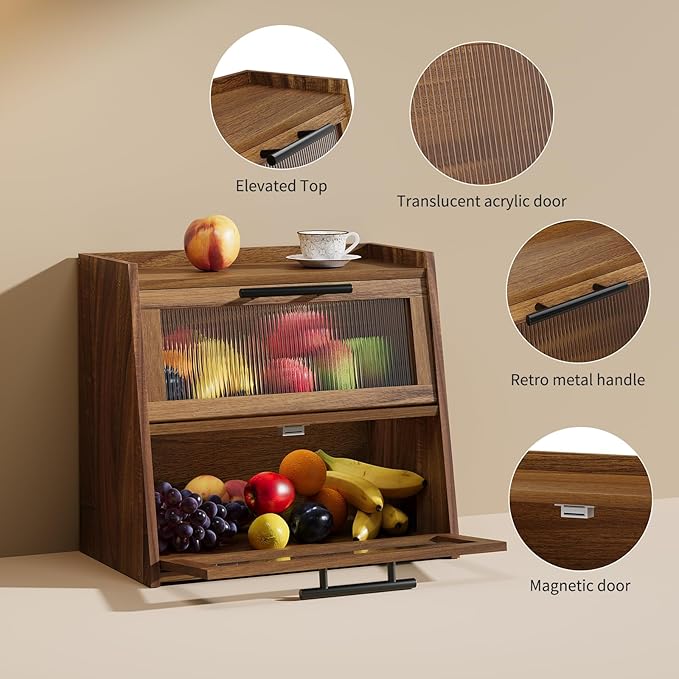 Bread Box for Kitchen Counter, Wooden Double Layer Bread Storage Container Bin,Bread Holde,Countertop Bread Storage with Window