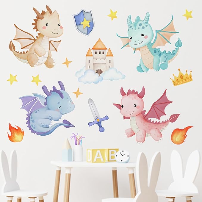 Mfault Baby Dragon Wall Decals Stickers, Cartoon Castle Crown Sword Shield Decoration Nursery Kids Bedroom Art, Fire Stars Cloud Toddler Girls Boys Playroom Living Room Home Decor