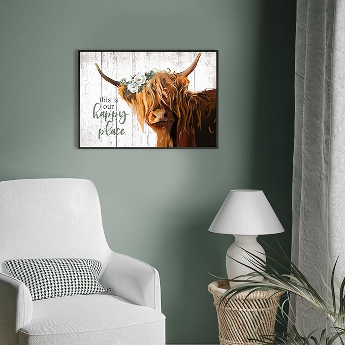 Highland Cow Decor Wall Art, Floral Farmhouse Cow Rustic Wall Decor, This is Our Happy Place Inspirational, Country Cattle Framed Painting for Living Room, Bedroom, Kitchen,Bathroom(10x14.5'')