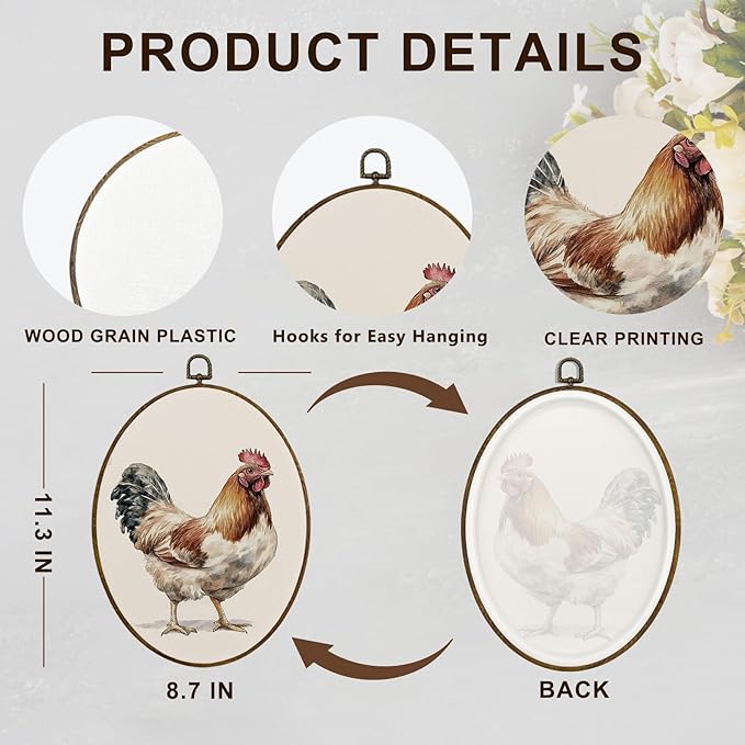 dvhdajed Vintage Chicken Oval Wall Art Decor,Rustic Cottagecore Chicken Framed Canvas Art,Country Farmhouse Rooster Oval Wall Hanging Decor for Bedroom Living Room Nursery Kitchen，8.7x11.3 Inch