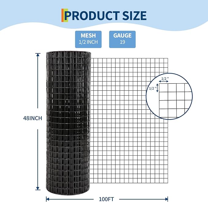 Hardware Cloth 1/2 inch - 48 in x 100 ft 19GA Black Galvanized Chicken Wire Mesh Roll, Hot-Dipped After Welding for Chicken Coop, Rabbit Cages & Garden Fencing – Poultry Netting & Chicken Wire Fencing