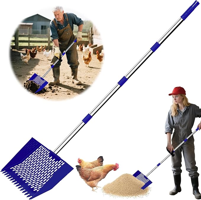 2-in-1 Chicken Poop Scooper & Rake, 12" Wide 63" Long Large Metal Chicken Coop Scooper for Sand with Ergonomic Grip, Heavy Duty Sifting Shovel Rake for Beach, Farm, Garden & Yard Waste (Blue)