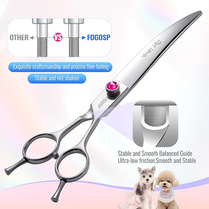Curved Dog Grooming Scissors 7.5 inch Professional Curved Shears Dog Grooming for Poodle Large Dogs Pet 30 Degree Japanese 440C Right Handed Super Sharp Purple Diamond(7.5,Curved)