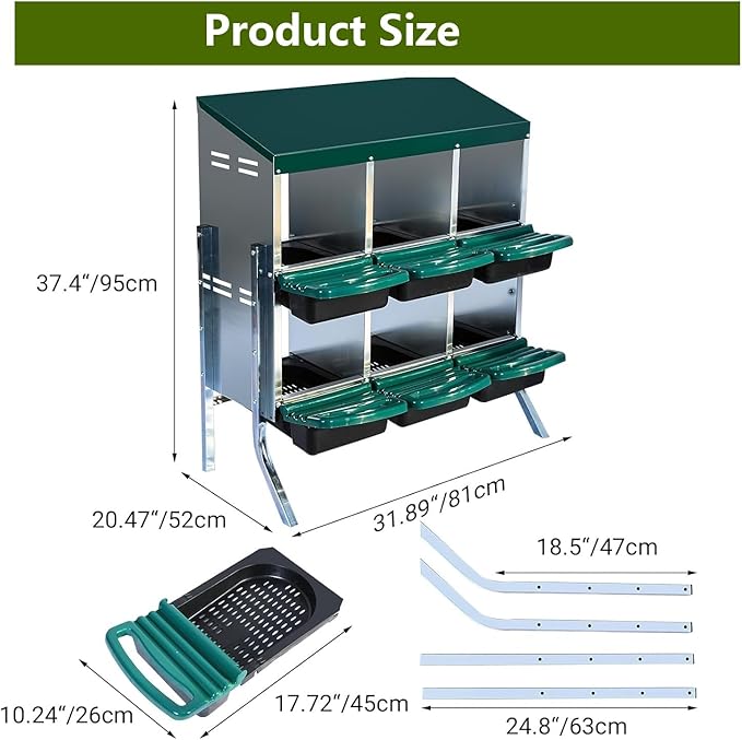 Chicken Nesting Box, 2-Tier Chicken Laying Boxes for Hens, 10 Hole Nesting Boxes for Chickens, Roll Away Nest Box for Laying Eggs, Roll Out, Easy Egg Collection (Green, 6-Holes with Legs)