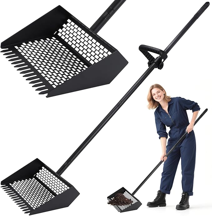 2-in-1 Coop Scoop(24" to 68"), Chicken Poop Scooper with Grip & Rake, Chicken Coop Accessories for Pet Waste Cleaning, Adjustable Stainless Steel Sand Sifting Litter Shovel for Chicken Coop