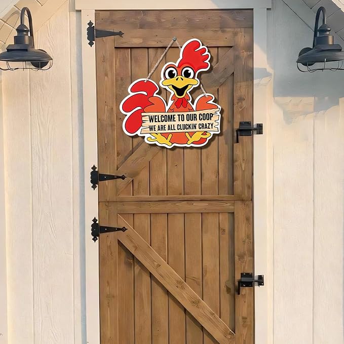 Farmhouse Chicken Coop Decor, Welcome to Our Coop Funny Rooster Sign, Cartoon Painting Style Wood Hanging Plaque, Rustic Farmhouse Wall Art for Porch Patio Barn or Chicken House, 11x10 Inches