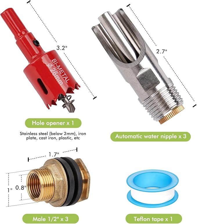 Pig Nipple Waterer for Barrel Kit Stainless Steel Pig Drinker Feeder with Brass Water Tank Connector Kit Automatic Pig Waterer System for Hog Goat Sows Piglets (3 Pig Drinker)