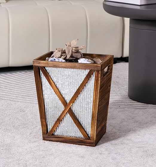 Small Wood Trash Can Wastebasket, Decorative Barn Door Garbage Can Waste Basket, Rustic Distressed Rectangular Trash Bin, Farmhouse Wooden Storage Basket Waste Paper Bin (Brown)