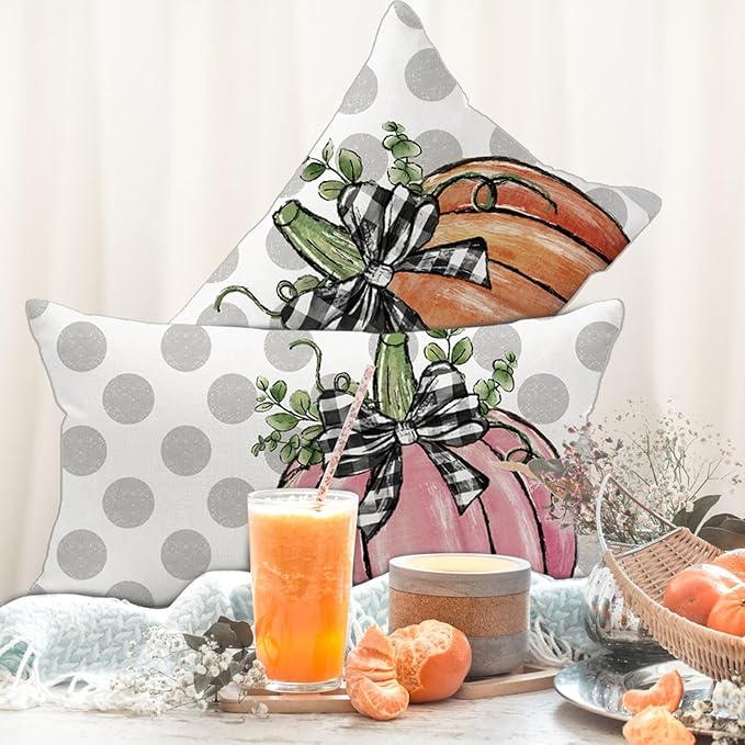 Fall Polka Dots Pumpkin Pillow Covers 12x20 inch Farmhouse Seasonal Autumn Thanksgiving Decor Throw Cushion Case for Home Couch Pillowcase (Pink)
