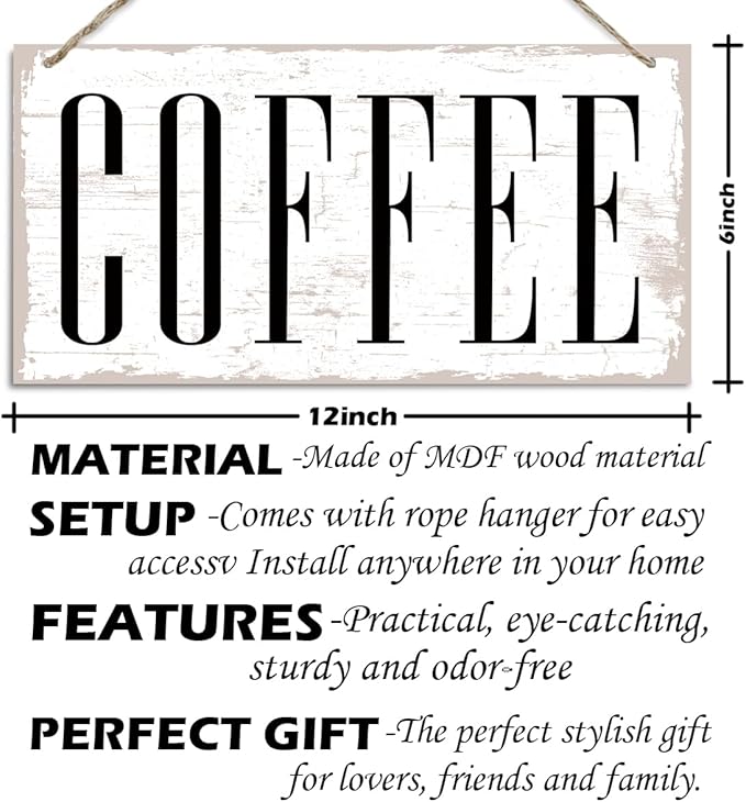 Coffee Wooden Hanging Sign, Wood Grain Retro Decoration, Vintage Kitchen Decor, Coffee Bar Sign Wall Decor, Cafe Decoration with Rope Hanging 12 x 6 Inches