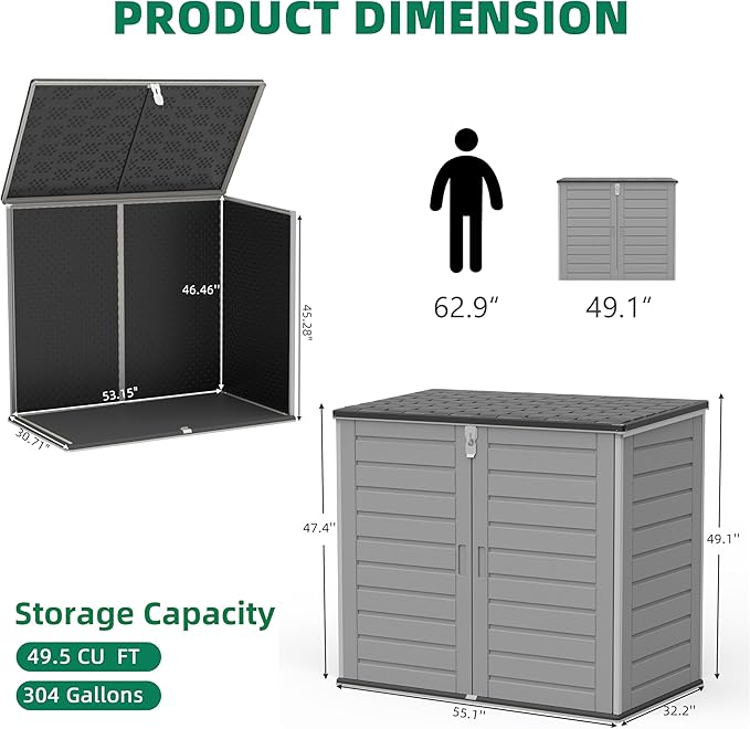 Outdoor Storage Shed, Horizontal Trash Can Storage for 2 Bins, 304 Gallon Double-Wall Resin Garbage Shed with Wood-Grain Texture, Smooth Lift Pistons & Anti-Collision Corners, Grey