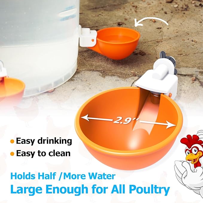 Large Chicken Waterer Cups Automatic, Chicken Water Feeder Suitable for Chicks, Duck, Goose, Turkey and Bunny, DIY Poultry Water Feeder Kit (2 Pack-Orange)