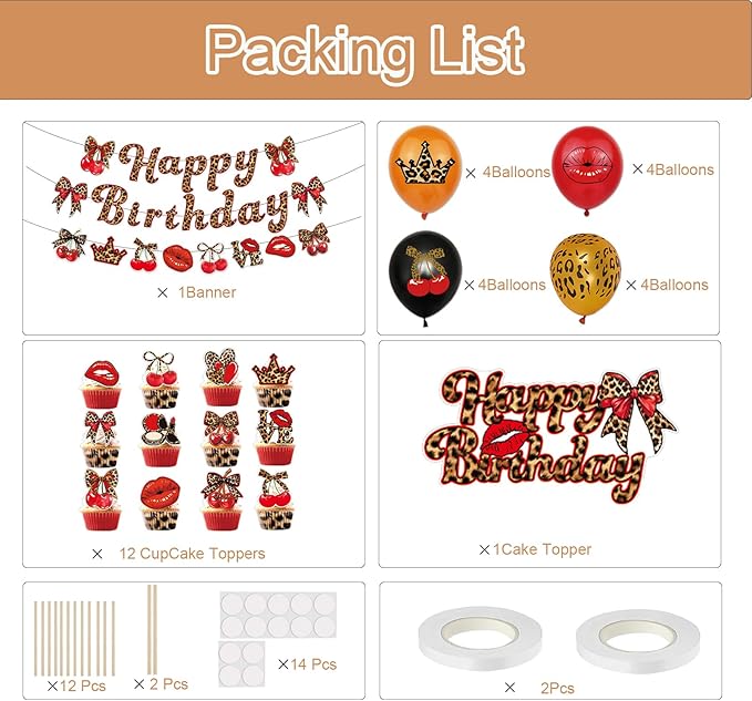 32pcs Cheetah Print Birthday Decorations with Cherry Leopard Bow Red Lips Happy Birthday Banner Balloons Cake Cupcake Topper for Safari Jungle Theme Party Decor Supplies