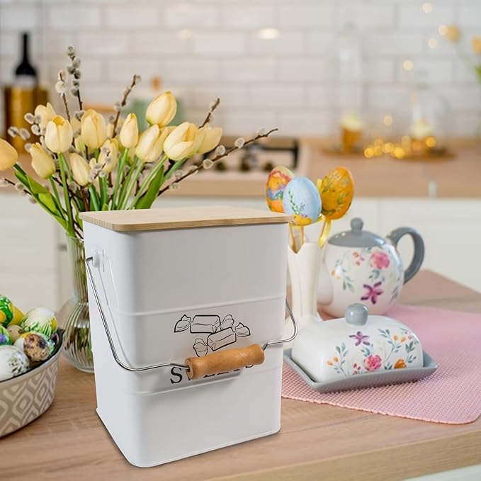 Candy Jar for Kitchen Counter, White Metal Candy Can Candy Tin with Airtight Bamboo Lid & Portable Handles, Candy Buffet, Party Table - Food Storage Canisters for Candies, Cookies, Sugar Cubes,