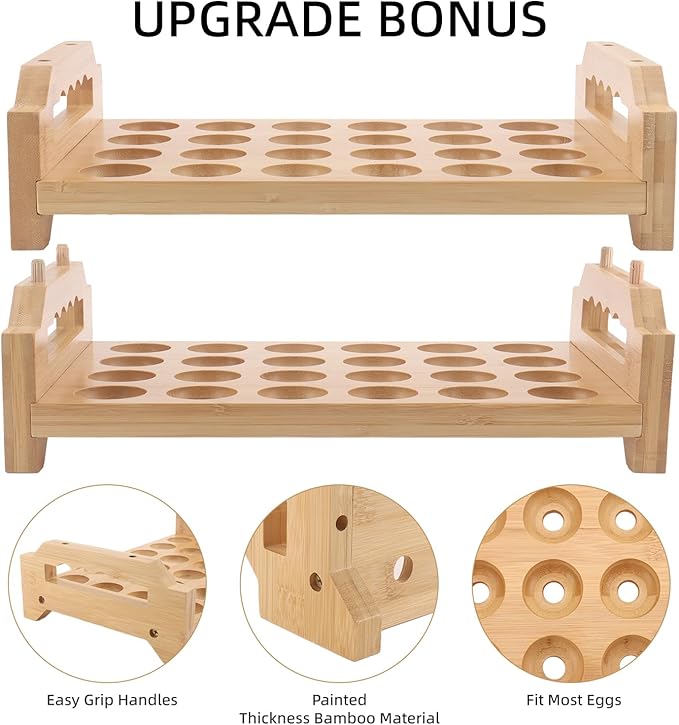 Egg Holder, 2 Tier Egg Holder Countertop, Bamboo Egg Organizer and Storage for Gathering 48 Fresh Eggs, Egg Stackable Stand Rack, Egg Basket for Kitchen Farmhouse
