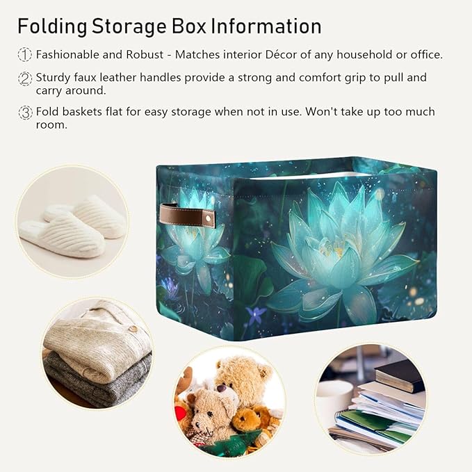 JIPONI Glowing Lotus Fabric Storage Bins for Shelves, Decorative Storage baskets for organizing, Closet Organizer with Handle for Cloth, Toys, Bedrooms, Farmhouse
