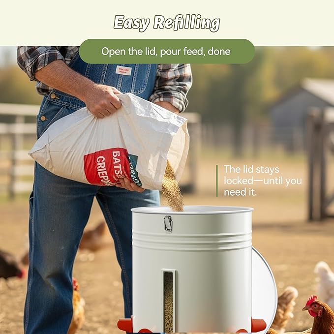 KOL 50 LB Chicken Feeder & 5 Gallon Chicken Waterer Set, All-Metal No-Waste Poultry Feeder & Automatic Gravity Waterer with 8 Ports & 8 Cups Chicken Coop Accessories