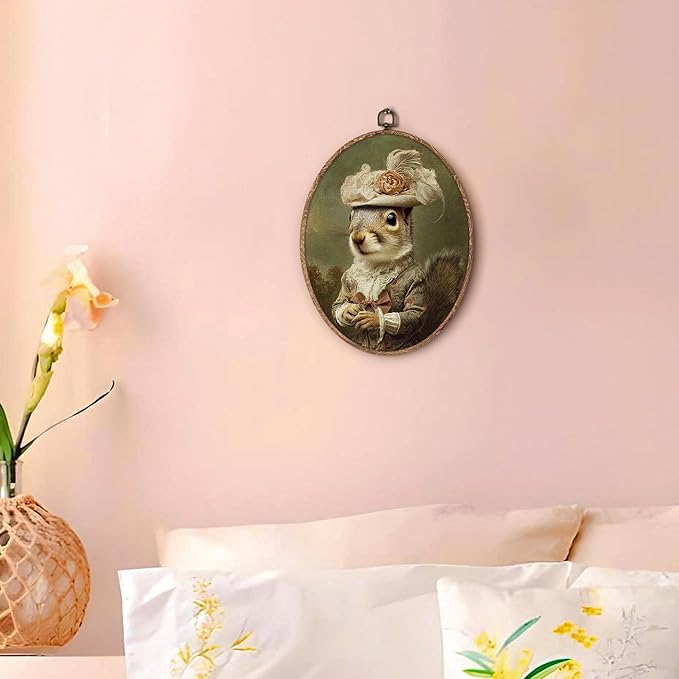 Hxlac Vintage Whimsical Squirrel Oval Wall Art Framed, Renaissance Style Squirrel Oval Wall Decor, Moody Animal Canvas Prints Wall Sculptures for Home Bedroom Living Room Gallery Decor, 8.5x11.5 Inch