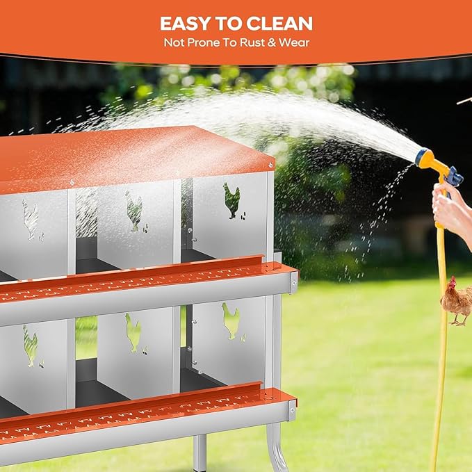 8-Hole Chicken Nesting Box, Rustproof Galvanized Steel, Wall-Mounted Metal Laying Box for Hens, Easy Egg Collection & Cleaning, Roll Away Nest Boxes - Orange