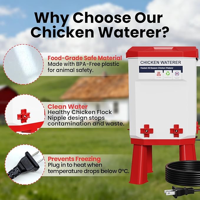 3.2 Gallon Heated Chicken Waterer with 4 Nipple Drinkers - Adjustable Height, BPA-Free, Freeze-Proof, 110V Electric, Suitable for Chickens, Ducks, Geese & Quails,12L (2)