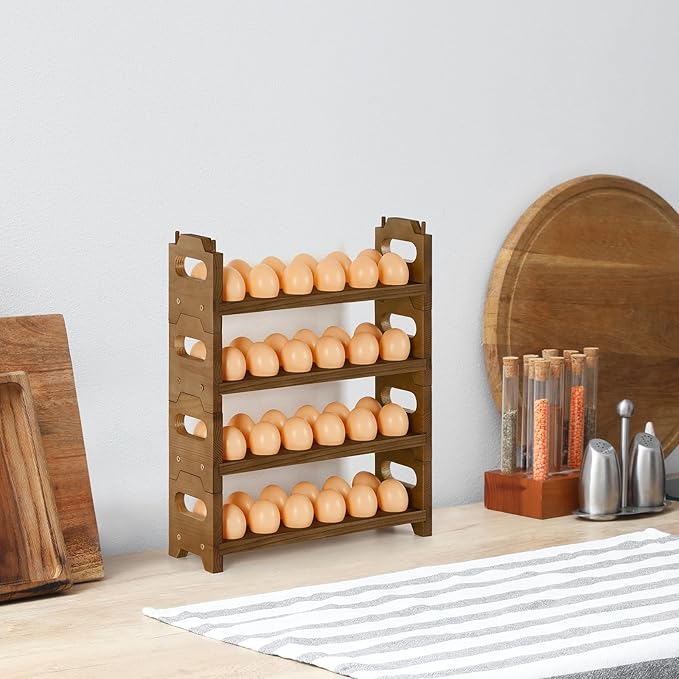 Wooden Egg Holder Countertop Fresh Chicken Egg Holders Storage for Gathering Fresh Eggs, 4-Tier Stackable with 48 Eggs, Farmhouse Home Eggs Rack Organizer Decoration