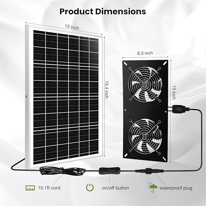 Solar Powered 2 Fan Kit, 25W High Velocity Waterproofed Solar Exhaust Fans for Outdoor Greenhouse Chicken Coop Shed Pet House
