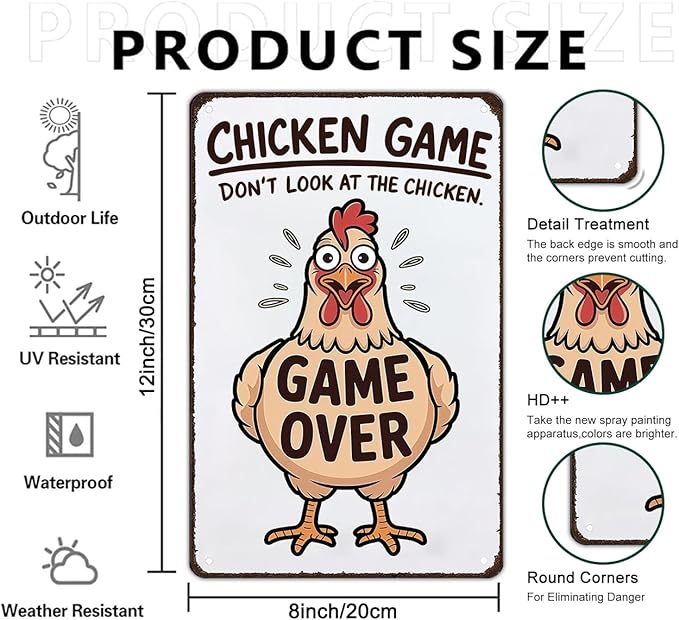 Funny Chicken Game Don't Look At The Chicken Vintage Tin Sign for Home Farm Chicken-Coop Kitchen Garden Yard Decor 8X12 Inch (3937)