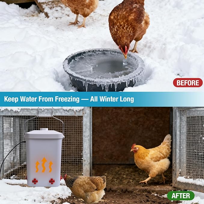 3 Gallon Chicken Waterer Bucket for Coop, All-Season Poultry Waterer with Thermostat Heater, Freeze Proof Design, 4 Installation Options, 9.8 ft Power Cord for Backyard Chickens & Small Farms