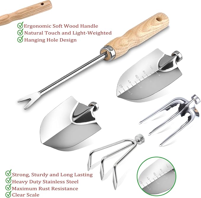 10-Piece Heavy-Duty Gardening Tools Set with Tote Bag - Rust-Proof Aluminum Gardening Hand Tools with Non-Slip Ergonomic Wood Handle - Gardening Supplies Set Ideal Gift for Men & Women