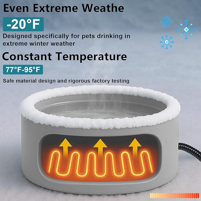 Pet Heated Bowl for Dog,Cat Warming Water Bowl with Chew Resistant Power Cord, Outdoor Waterproof Smart Uniform Heating for Small Animals Bird Chicken Rabbit Duck (108 fl oz, Grey)
