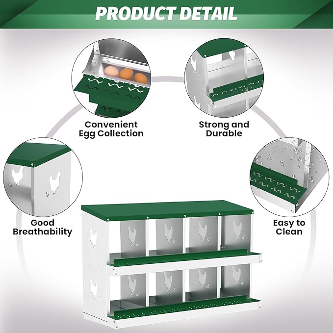 Chicken Nesting Boxes, 8-Compartment Metal Egg Laying Box with Swing Perch and Secure Lid – Versatile Wall Mount or Free Standing Suitable for Various Chicken Breeds - Green